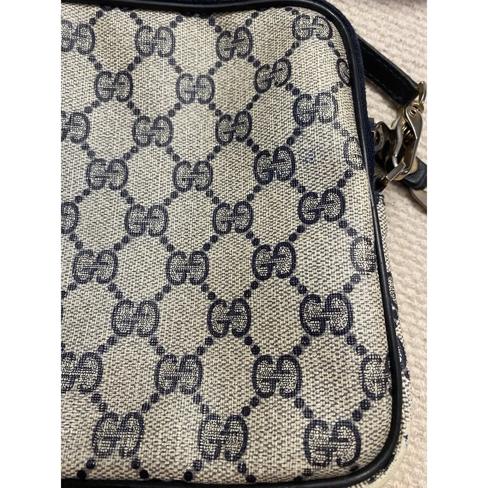 Gucci Vintage GG Supreme Coated Canvas Leather Bag Navy Blue Monogram